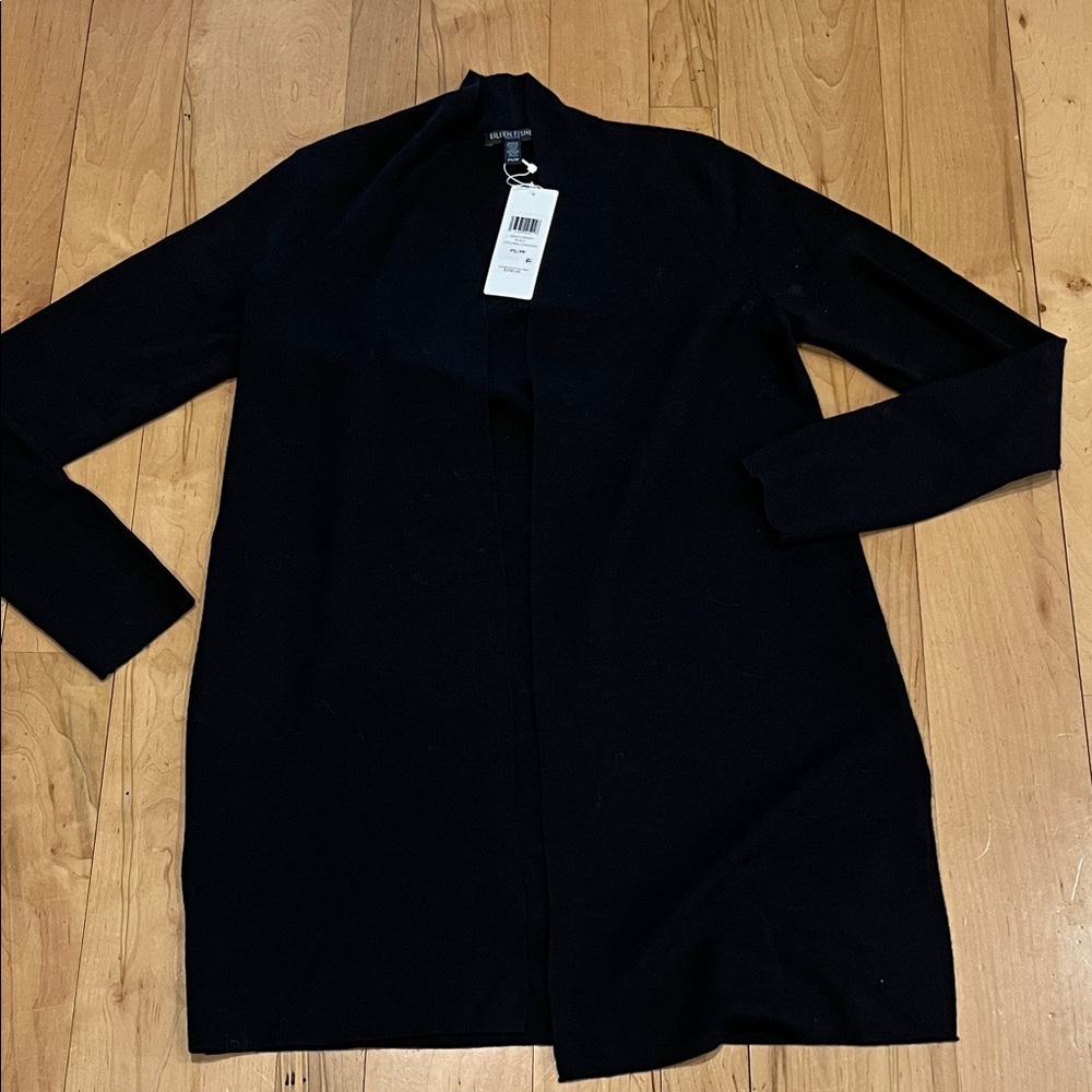 Eileen Fisher Classic Black Open-Front Sweater black merino NWT $318 retail